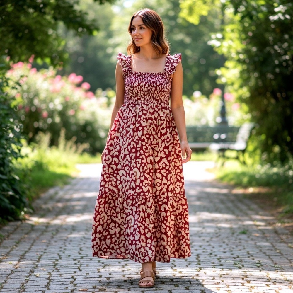 Burgundy Leopard Print Smocked Maxi Dress XL Ruffle Sleeve Tiered Boho M2E906